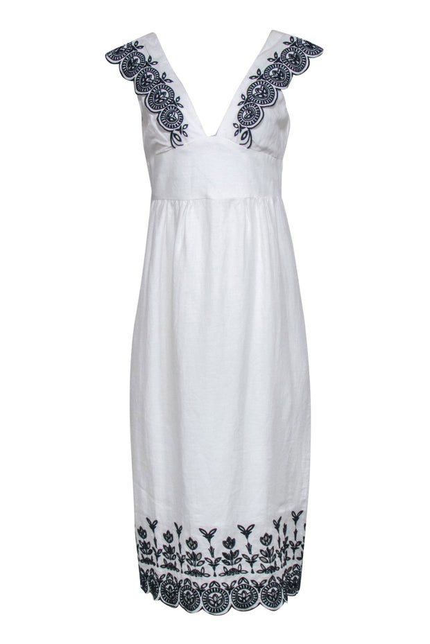 Current Boutique-J.Crew Collection - White Linen Midi Dress w/ Navy Embroidery & V-Neckline Sz 2