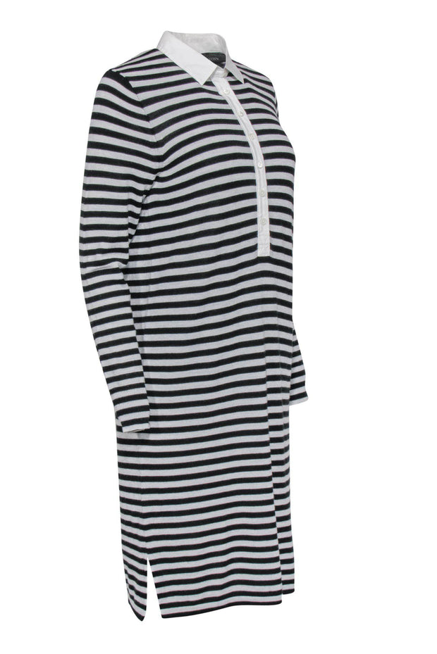 Current Boutique-J.Crew - Grey & Black Striped Knit Long Sleeve Collared Shift Dress Sz M