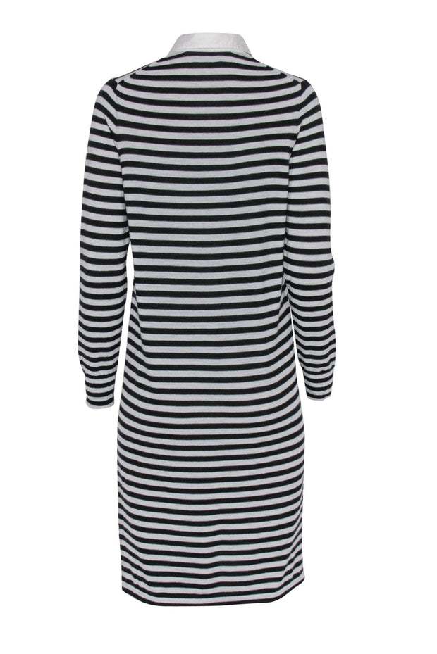 Current Boutique-J.Crew - Grey & Black Striped Knit Long Sleeve Collared Shift Dress Sz M
