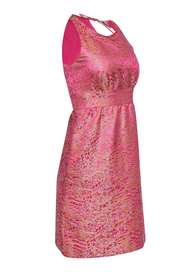 Current Boutique-J.Crew - Hot Pink & Peach Metallic Floral Print Jacquard Dress Sz 0