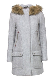 Current Boutique-J.Crew - Light Grey Zip & Snap-Up Hooded Wool Coat w/ Faux Fur Trim Sz 6