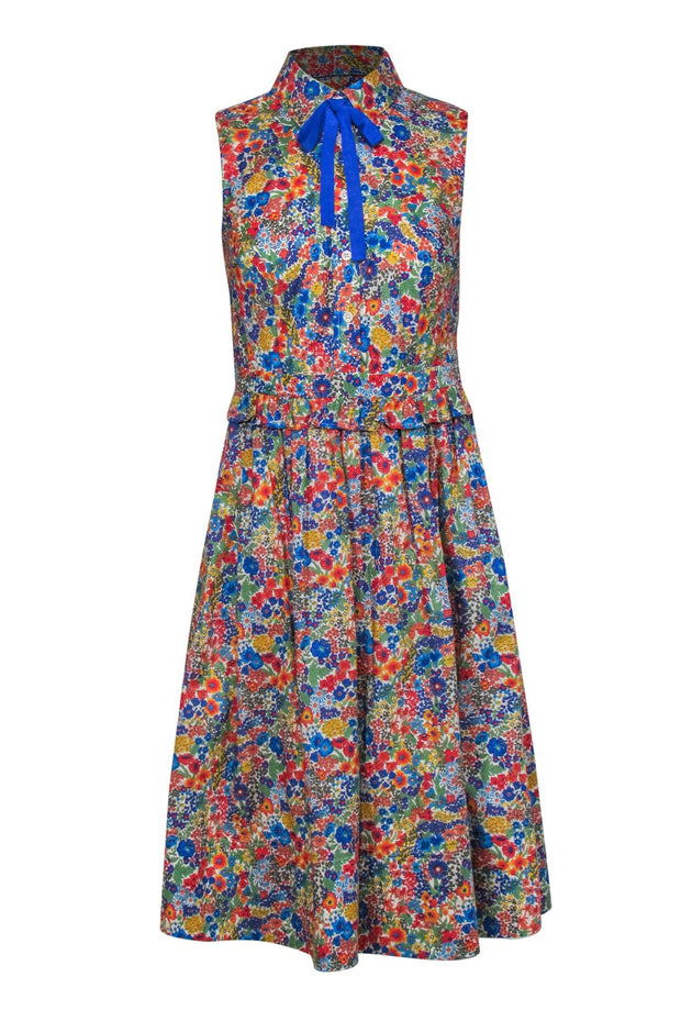 Current Boutique-J.Crew - Multicolor Floral Print Collared Midi Dress w/ Necktie Sz 4P