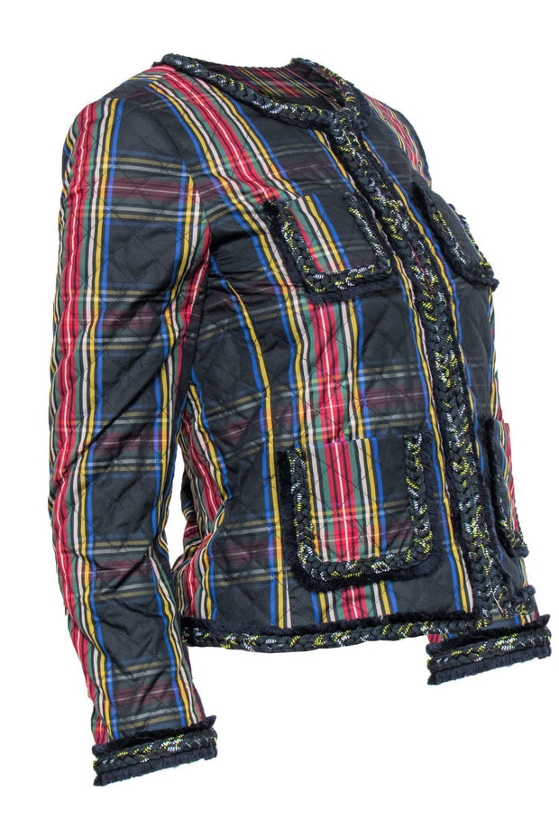 Current Boutique-J.Crew - Multicolored Plaid Quilted Jacket w/ Fringe & Braided Trim Sz 0
