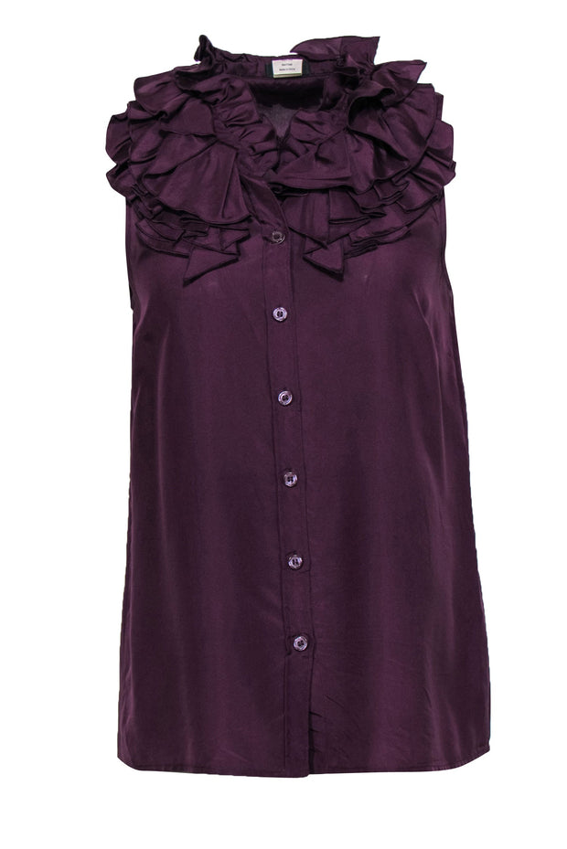 Current Boutique-J.Crew - Plum Ruffle Neck Sleeveless Silk Button-Up Blouse Sz 6