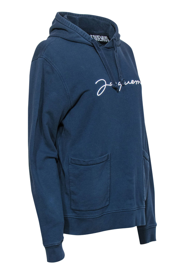 Current Boutique-Jacquemus - Slate Blue Logo Embroidered Cotton Hoodie Sz M