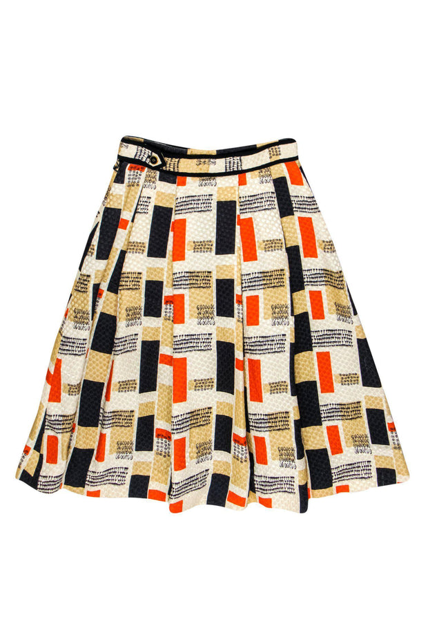 Current Boutique-Jason Wu - Beige, Navy & Orange Print Textured Pleated A-Line Skirt Sz 2