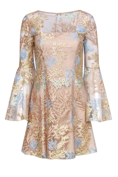 Current Boutique-Jay Godfrey - Tan Multicolor Floral Embroidered Bell Sleeve Dress Sz 6