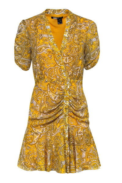Current Boutique-Jay Godfrey - Yellow & White Paisley Print Button-Up Puff Sleeve Ruched Dress Sz 2