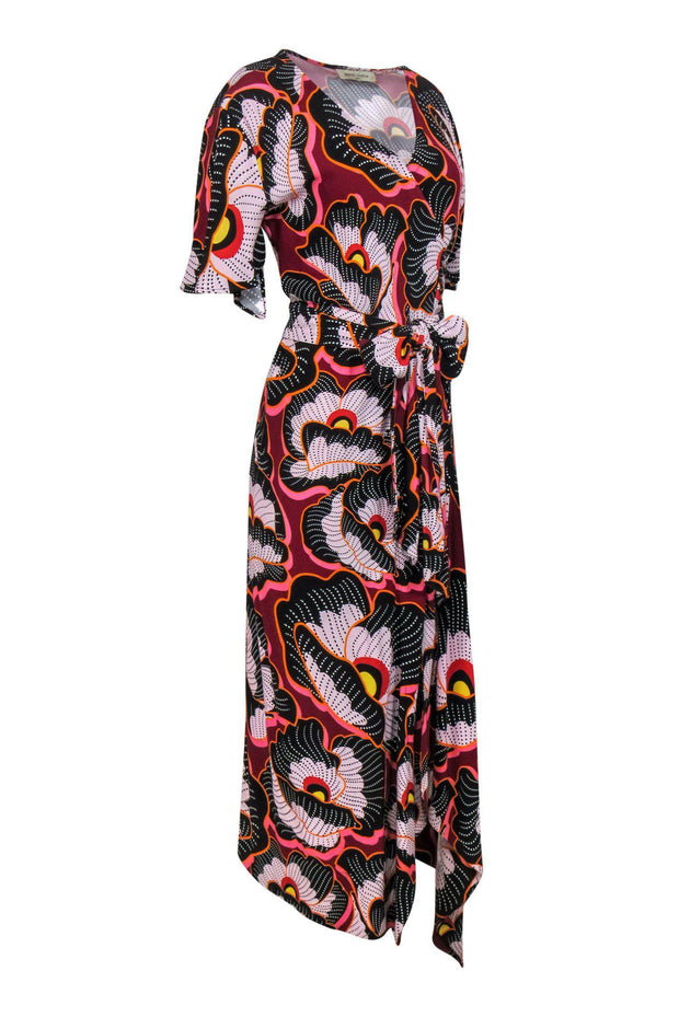 Current Boutique-Jazmin Chebar - Pink, Black & Orange Floral Print Wrap Maxi Dress Sz M