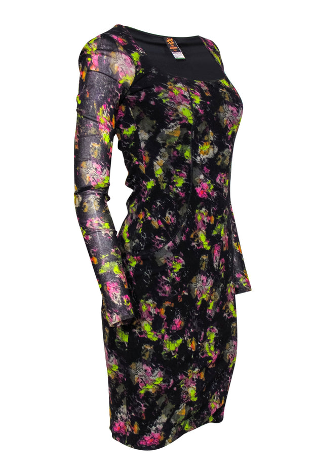 Current Boutique-Jean Paul Gaultier Soleil - Black Floral Mesh Scoop Neck Bodycon Dress Sz S