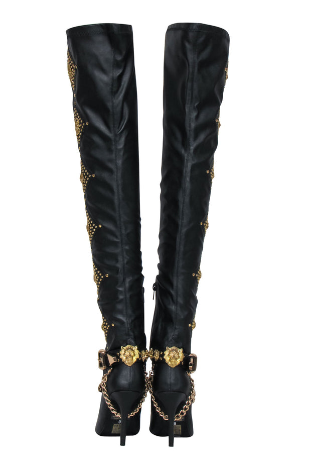 Current Boutique-Jeffrey Campbell - Black Leather Thigh High Heel "Vixxen" Boots w/ Gold Chain & Studded Trim Sz 6