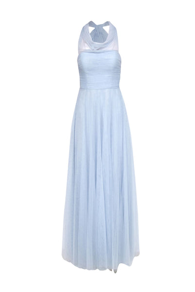 Current Boutique-Jenny Yoo - Icy Blue Strapless Tulle Gown w/ Tied Illusion Neckline Sz 0