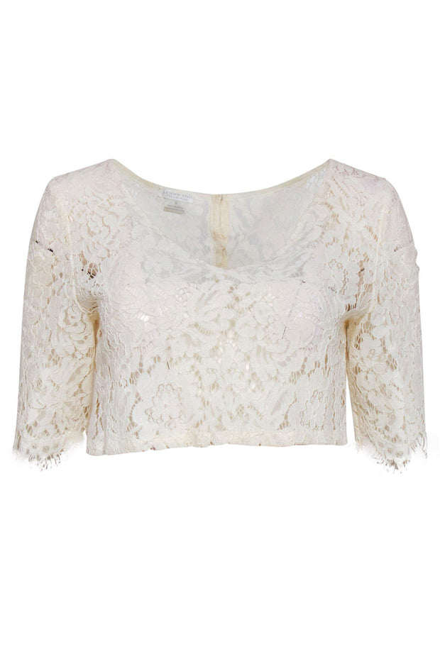 Current Boutique-Jenny Yoo - Ivory Floral Lace Short Sleeve Sheer Crop Top Sz S