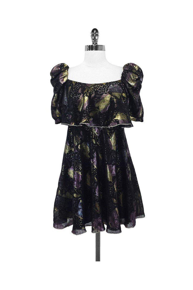 Current Boutique-Jill Stuart - Black & Metallic Floral Print Peasant-Style Dress Sz M