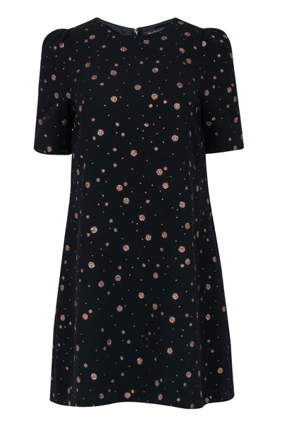 Current Boutique-Jill Stuart - Black Puff Sleeve Shift Dress w/ Gold Glitter Polka Dots Sz 6