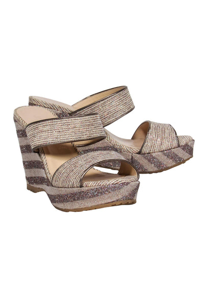 Current Boutique-Jimmy Choo - Beige Sparkly Striped Woven Strappy Platform Wedges Sz 8