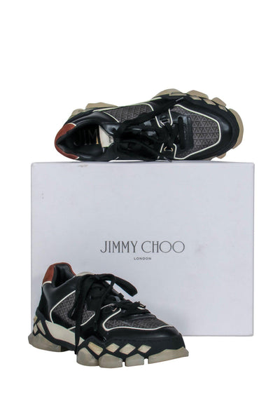 Current Boutique-Jimmy Choo - Black & Brown Leather & Suede Diamond Sole Sneakers Sz 10.5