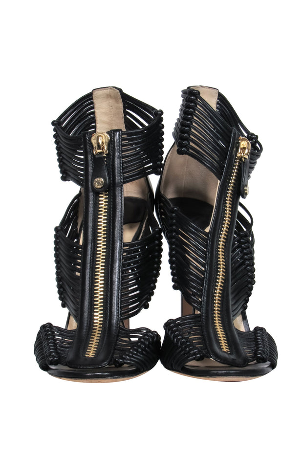 Current Boutique-Jimmy Choo - Black Leather Strappy Zip-Up Open Toe Heels Sz 8.5