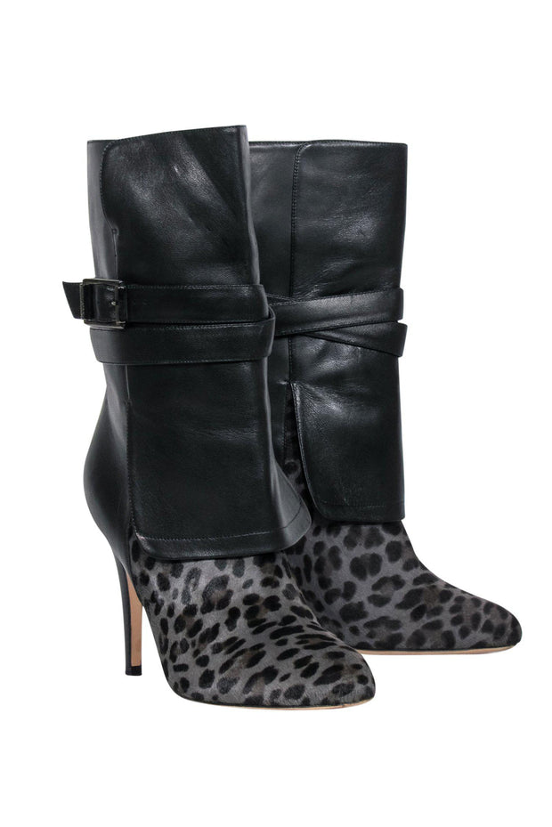 Current Boutique-Jimmy Choo - Black & Leopard Print Leather & Calf Hair Heeled Booties Sz 8