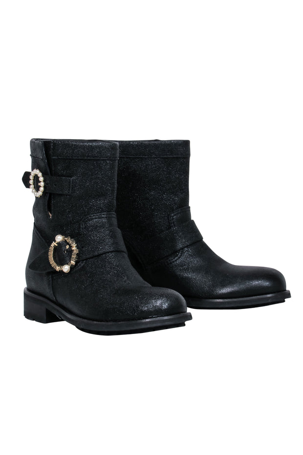 Current Boutique-Jimmy Choo - Black Sparkle Textured Leather Ankle Lugsole Boot w/ Pearl Buckles Sz 6.5