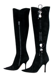 Current Boutique-Jimmy Choo - Black Suede Over-the-Knee Heeled Boots w/ Lace-Up & Tied Trim Sz 7.5