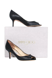 Current Boutique-Jimmy Choo - Black Textured Metallic Glitter Peep-Toe Pumps Sz 8.5