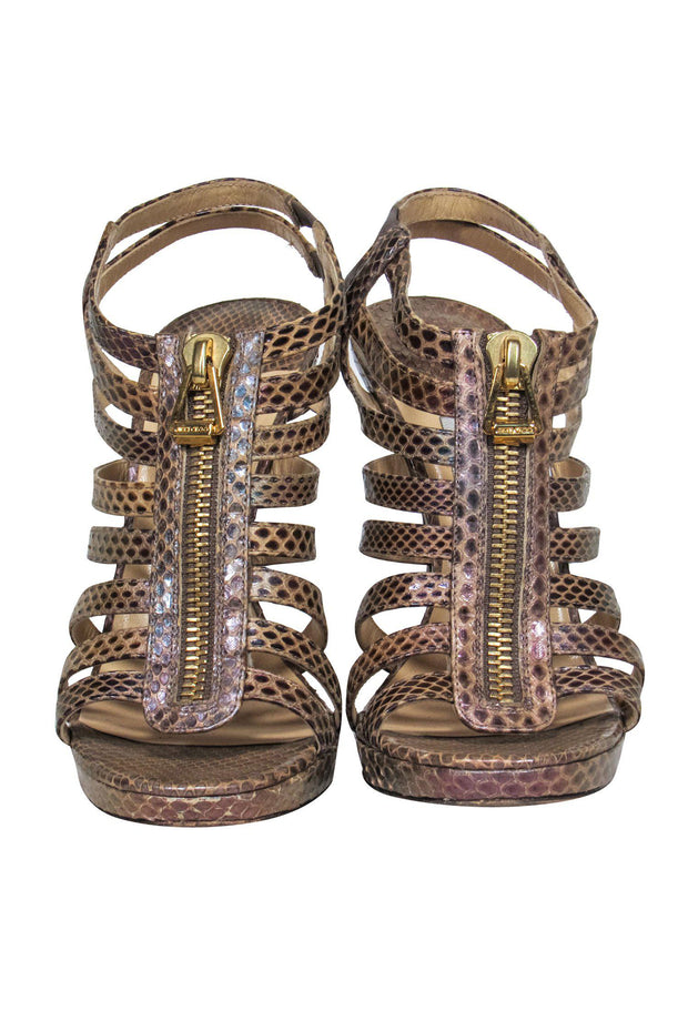 Current Boutique-Jimmy Choo - Brown Snakeskin Strappy Zip-Up Pumps Sz 7