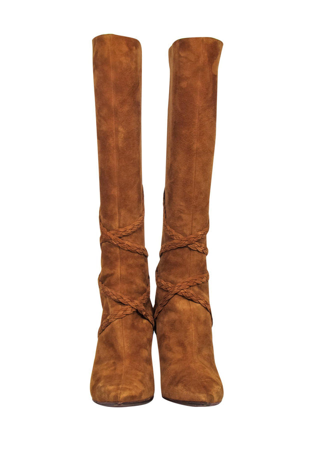 Current Boutique-Jimmy Choo - Brown Suede Knee High Heeled Boots w/ Braided Design Sz 11