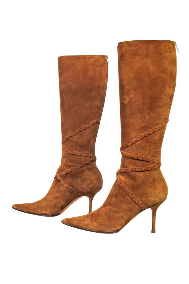 Current Boutique-Jimmy Choo - Brown Suede Knee High Heeled Boots w/ Braided Design Sz 11