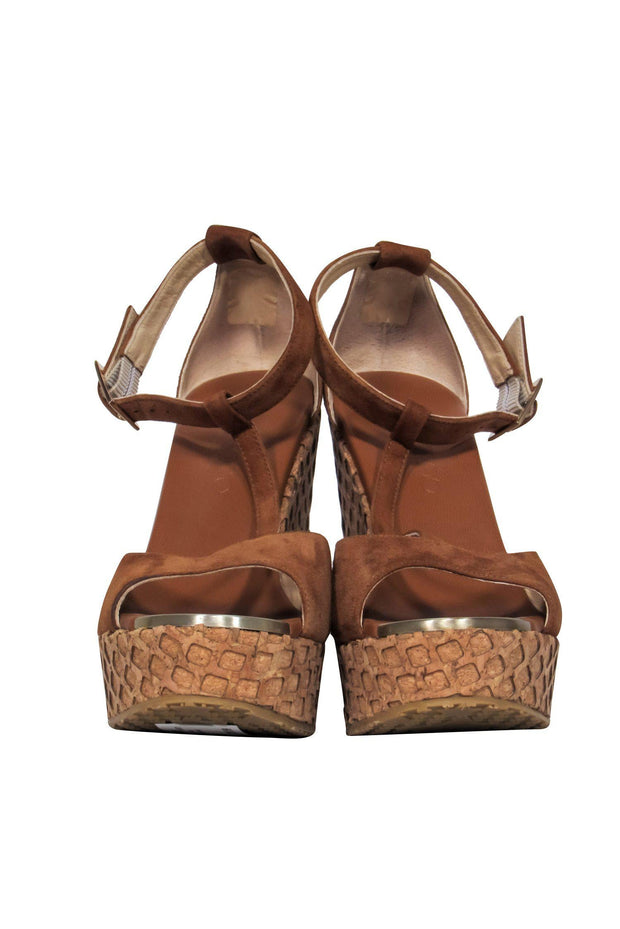 Current Boutique-Jimmy Choo - Brown Suede Peep Toe T-Strap Textured Cork Wedges Sz 7.5