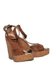 Current Boutique-Jimmy Choo - Brown Suede Peep Toe T-Strap Textured Cork Wedges Sz 7.5