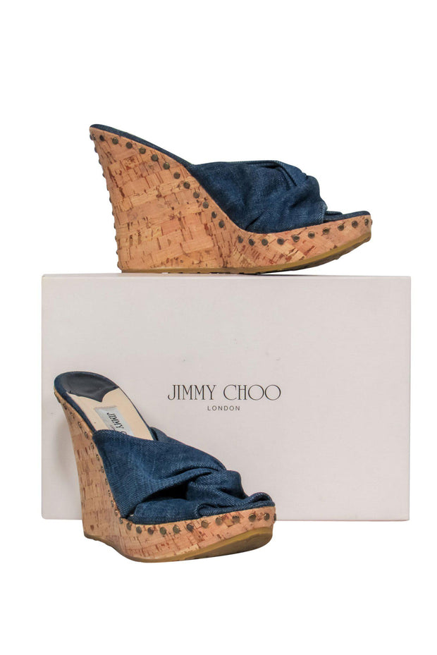 Current Boutique-Jimmy Choo - Denim Knotted Open Toe Cork Platform "Palm" Wedges Sz 11