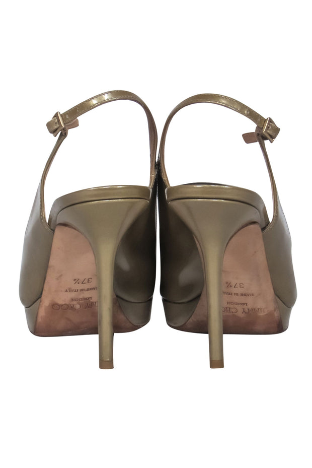 Current Boutique-Jimmy Choo - Gold Patent Leather Open Toe Slingback Pumps Sz 7.5