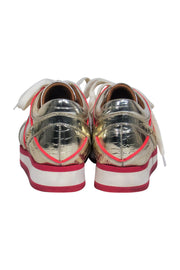 Current Boutique-Jimmy Choo - Gold Reptile Embossed Lace-Up Platform Sneakers w/ Pink Trim Sz 5.5