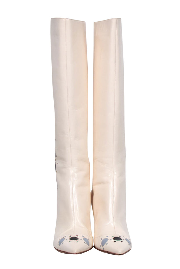 Current Boutique-Jimmy Choo - Ivory Pointed Toe Stiletto Boots w/ Blue Bubble Cutouts Sz 8