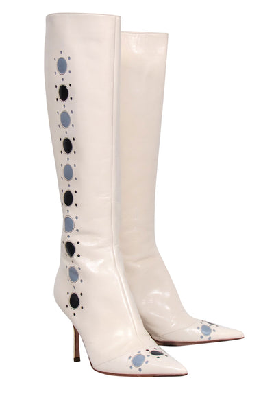 Current Boutique-Jimmy Choo - Ivory Pointed Toe Stiletto Boots w/ Blue Bubble Cutouts Sz 8