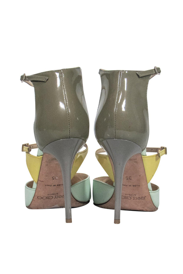 Current Boutique-Jimmy Choo - Mint Green, Yellow & Olive Colorblocked Strappy Stilettos Sz 5