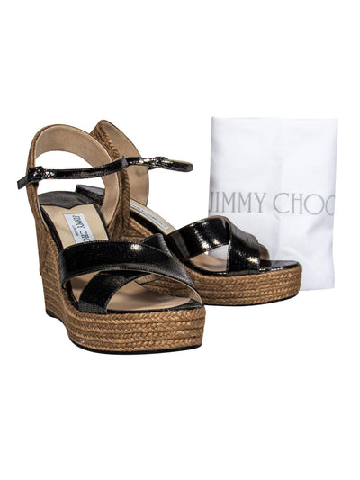 Current Boutique-Jimmy Choo - Pewter Faux Snakeskin Metallic Woven Wedges Sz 9