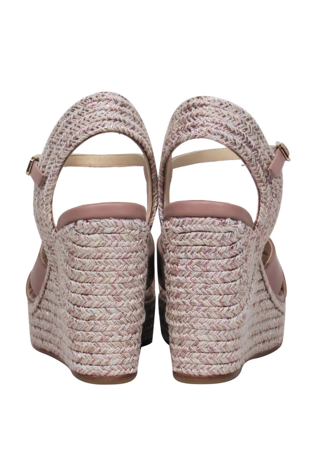 Current Boutique-Jimmy Choo - Pink Leather and Metallic Rope Trim Wedge Espadrille Heel Sz 8