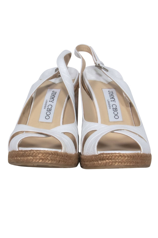 Current Boutique-Jimmy Choo - White Reptile Embossed Leather & Cork Wedges Sz 8.5