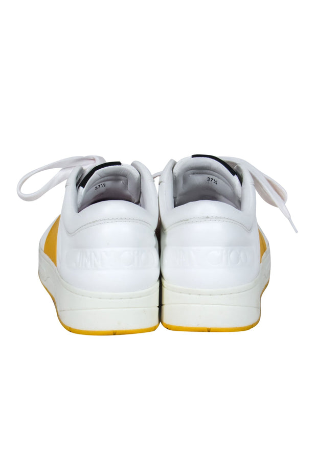 Current Boutique-Jimmy Choo - White & Yellow Leather Lace-Up Sneakers w/ Crystal Star Hardware Sz 7.5