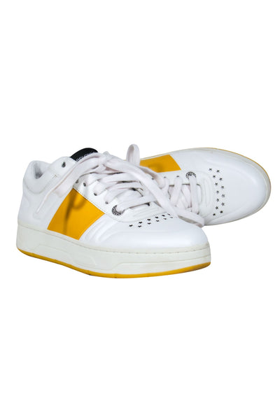 Current Boutique-Jimmy Choo - White & Yellow Leather Lace-Up Sneakers w/ Crystal Star Hardware Sz 7.5