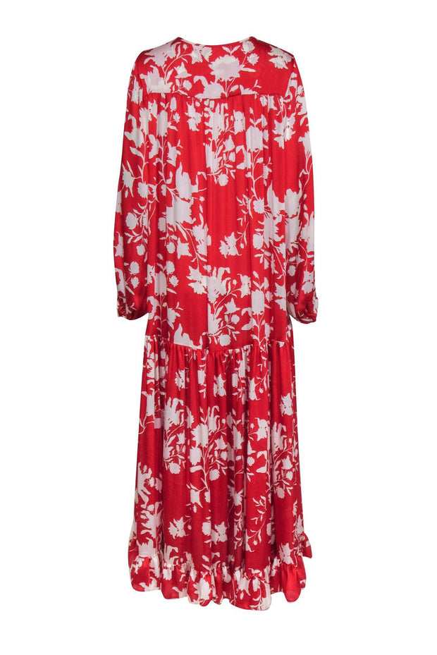 Current Boutique-Johanna Ortiz - Red & White Tie Front Floral Print w/ Ruffle Maxi Dress Sz S