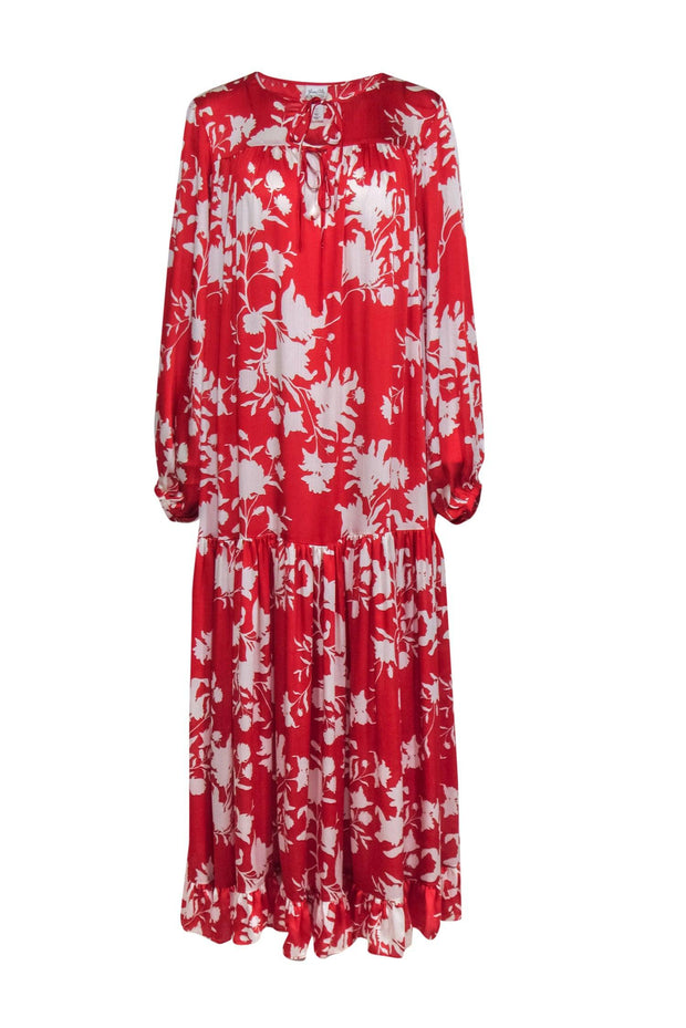 Current Boutique-Johanna Ortiz - Red & White Tie Front Floral Print w/ Ruffle Maxi Dress Sz S