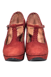 Current Boutique-John Fluevog - Rust Leather T-Strap Wedge-Style Heels Sz 9