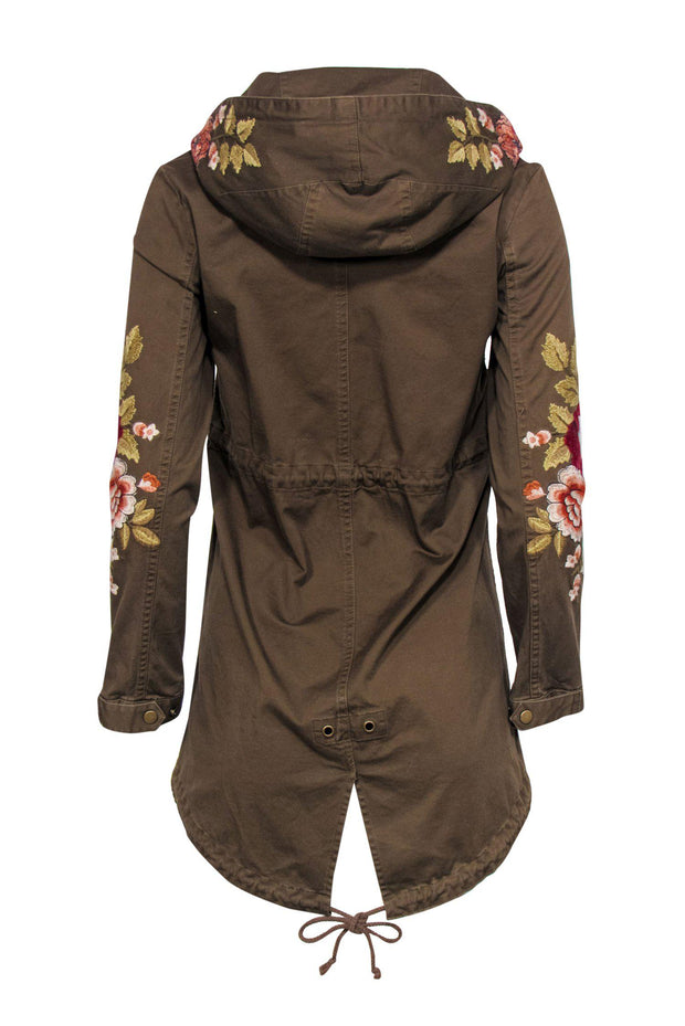 Current Boutique-Johnny Was - Army Green Hooded Button-Up Jacket w/ Floral Embroidery Sz XS