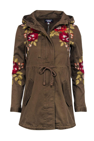 Current Boutique-Johnny Was - Army Green Hooded Button-Up Jacket w/ Floral Embroidery Sz XS