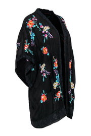 Current Boutique-Johnny Was - Black Floral Embroidered Short Sleeve Open Kimono Sz S