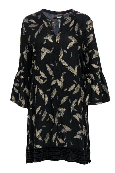Current Boutique-Johnny Was - Black Long Sleeve Shift Dress w/ Gold Feather Print Sz L