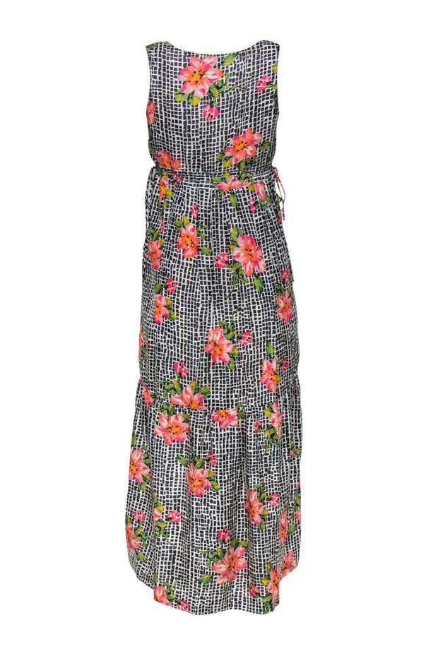 Current Boutique-Johnny Was - Black, White & Pink Floral & Grid Print Silk Maxi Dress Sz XS